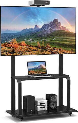 حامل تلفزيون متنقل من Goplus، عربة تلفزيون دوارة مع رف كاميرا وأرفف AV، عربة وحدة تحكم وسائط قابلة للتعديل لأجهزة تلفزيون مسطحة/منحنية مقاس 32 بوصة - 80 بوصة يصل وزنها إلى 132 رطلاً، الحد الأقصى VESA 900 × 600 مم، تتضمن براغي تثبيت التلفزيون in Kuwait