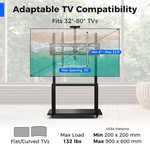 حامل تلفزيون متنقل من Goplus، عربة تلفزيون دوارة مع رف كاميرا وأرفف AV، عربة وحدة تحكم وسائط قابلة للتعديل لأجهزة تلفزيون مسطحة/منحنية مقاس 32 بوصة - 80 بوصة يصل وزنها إلى 132 رطلاً، الحد الأقصى VESA 900 × 600 مم، تتضمن براغي تثبيت التلفزيون in Kuwait