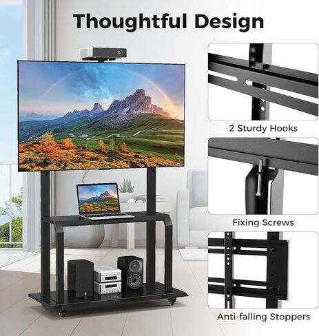 حامل تلفزيون متنقل من Goplus، عربة تلفزيون دوارة مع رف كاميرا وأرفف AV، عربة وحدة تحكم وسائط قابلة للتعديل لأجهزة تلفزيون مسطحة/منحنية مقاس 32 بوصة - 80 بوصة يصل وزنها إلى 132 رطلاً، الحد الأقصى VESA 900 × 600 مم، تتضمن براغي تثبيت التلفزيون in Kuwait