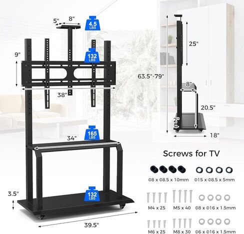 حامل تلفزيون متنقل من Goplus، عربة تلفزيون دوارة مع رف كاميرا وأرفف AV، عربة وحدة تحكم وسائط قابلة للتعديل لأجهزة تلفزيون مسطحة/منحنية مقاس 32 بوصة - 80 بوصة يصل وزنها إلى 132 رطلاً، الحد الأقصى VESA 900 × 600 مم، تتضمن براغي تثبيت التلفزيون in Kuwait