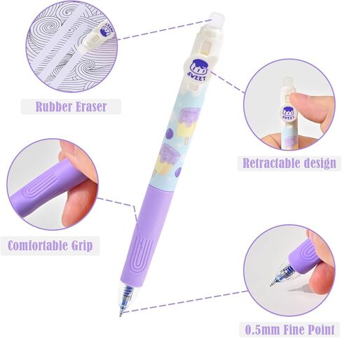 BAYTORY 18Pcs Erasable Gel Pens, 4Pcs Blue & 4Pcs Black Ink Pens & 10Pcs Black Refills, Cute Retractable Pen with Eraser, 0.5mm Fine Point, for Crossword Puzzles (Purple) in Saudi Arabia