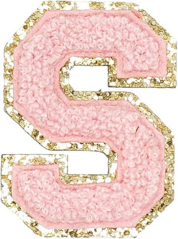 Gold Glitters & Pink Chenille Varsity Initial Patches, Adhesive Sticker Iron On, 2.25" Height (V) in Saudi Arabia