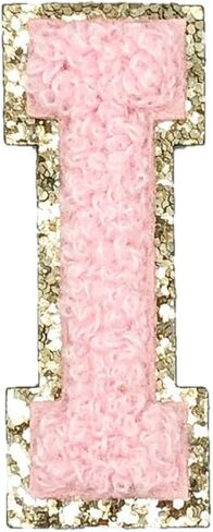Gold Glitters & Pink Chenille Varsity Initial Patches, Adhesive Sticker Iron On, 2.25" Height (V) in Saudi Arabia