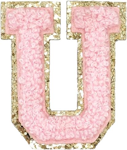 Gold Glitters & Pink Chenille Varsity Initial Patches, Adhesive Sticker Iron On, 2.25" Height (V) in Saudi Arabia