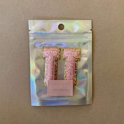 Gold Glitters & Pink Chenille Varsity Initial Patches, Adhesive Sticker Iron On, 2.25" Height (V) in Saudi Arabia