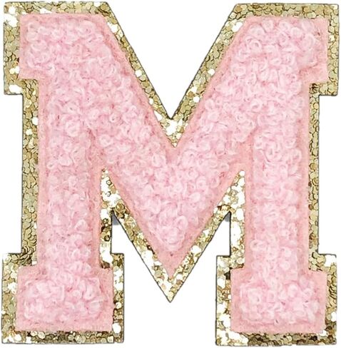 Gold Glitters & Pink Chenille Varsity Initial Patches, Adhesive Sticker Iron On, 2.25" Height (V) in Saudi Arabia
