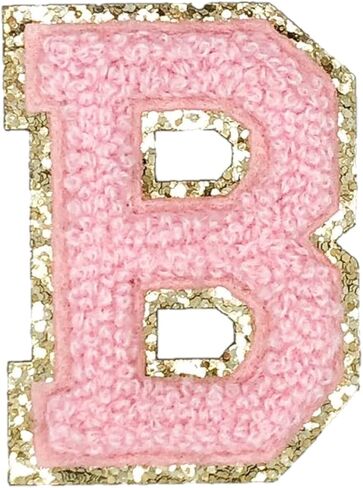 Gold Glitters & Pink Chenille Varsity Initial Patches, Adhesive Sticker Iron On, 2.25" Height (V) in Saudi Arabia