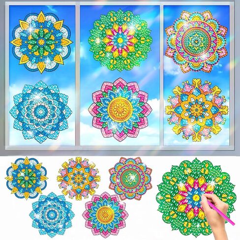 ACSAUMMY Diamond Art Window Clings, 6pcs Mandala Diamond Art Window Suncatchers Stained Glass Window Stickers, DIY Gem Craft Kit Window Static Clings, Diamond Art Kits for Adults, Kids, Decoration in Saudi Arabia