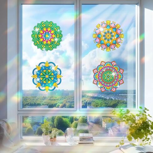 ACSAUMMY Diamond Art Window Clings, 6pcs Mandala Diamond Art Window Suncatchers Stained Glass Window Stickers, DIY Gem Craft Kit Window Static Clings, Diamond Art Kits for Adults, Kids, Decoration in Saudi Arabia