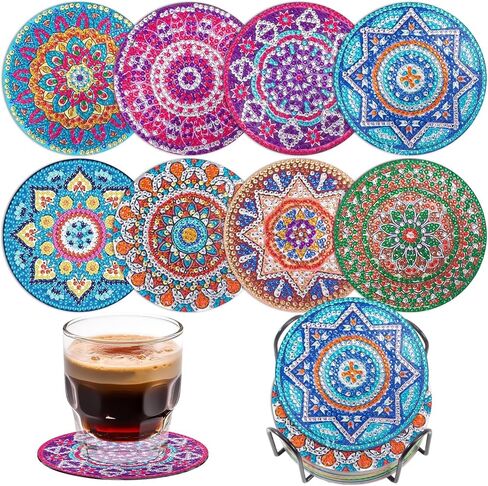 Bohemian Diamond Art Coasters Kits, 8 Pcs Diamond Painting Coasters with Holder Set, DIY Diamond Craft Supplies Coasters for Drinks, Diamond Art Kits for Adults in Saudi Arabia