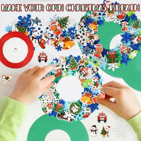 12 Sets Christmas Craft Kits, Christmas Wreath Ornaments Art Sets Christmas Foam Stickers Glitter Snowflake Foam Stickers DIY Christmas Foam Wreath Crafts for Xmas Home Classroom Activities in Saudi Arabia