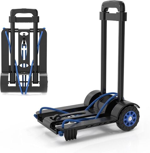 Portable Folding Hand Truck Dolly Blue Folding Cart Foldable Trolley Utility Lightweight - Compact Luggage Cart with Wheels for Airport Travel, Moving and Office - Free Bungee Cord Included in Saudi Arabia