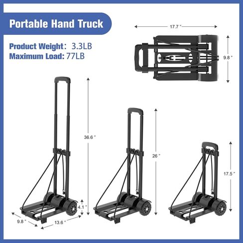 Portable Folding Hand Truck Dolly Blue Folding Cart Foldable Trolley Utility Lightweight - Compact Luggage Cart with Wheels for Airport Travel, Moving and Office - Free Bungee Cord Included in Saudi Arabia