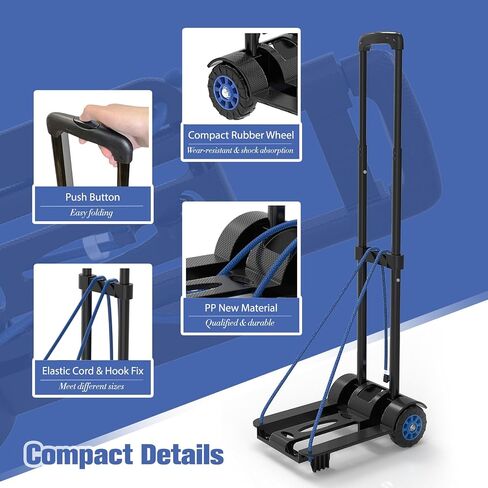 Portable Folding Hand Truck Dolly Blue Folding Cart Foldable Trolley Utility Lightweight - Compact Luggage Cart with Wheels for Airport Travel, Moving and Office - Free Bungee Cord Included in Saudi Arabia