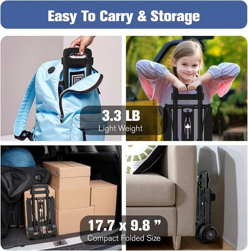 Portable Folding Hand Truck Dolly Blue Folding Cart Foldable Trolley Utility Lightweight - Compact Luggage Cart with Wheels for Airport Travel, Moving and Office - Free Bungee Cord Included in Saudi Arabia