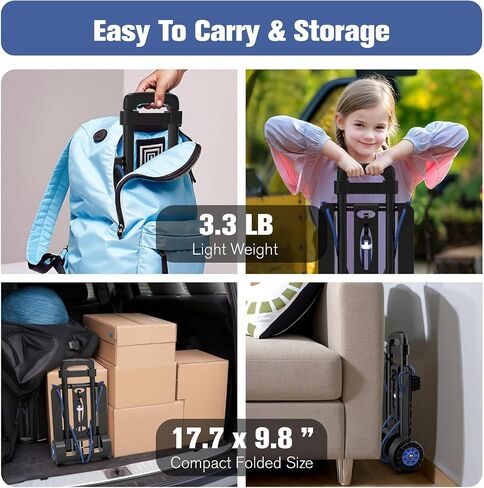 Portable Folding Hand Truck Dolly Blue Folding Cart Foldable Trolley Utility Lightweight - Compact Luggage Cart with Wheels for Airport Travel, Moving and Office - Free Bungee Cord Included in Saudi Arabia