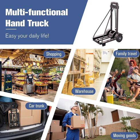 Portable Folding Hand Truck Dolly Blue Folding Cart Foldable Trolley Utility Lightweight - Compact Luggage Cart with Wheels for Airport Travel, Moving and Office - Free Bungee Cord Included in Saudi Arabia