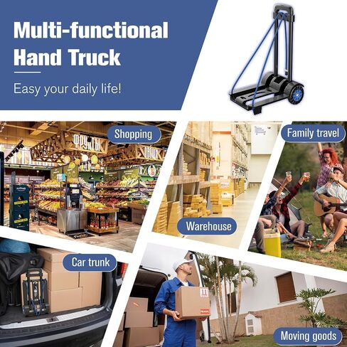 Portable Folding Hand Truck Dolly Blue Folding Cart Foldable Trolley Utility Lightweight - Compact Luggage Cart with Wheels for Airport Travel, Moving and Office - Free Bungee Cord Included in Saudi Arabia