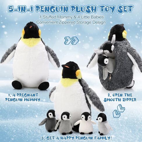5 Pcs Penguin Plush Toy Set 14 Inch Mommy Penguin Stuffed Animal with 4 Cute Babies in Zippered Belly Soft Cuddly Plushie for Kids Birthday Gifts Party Favors(Simple Style) in Saudi Arabia