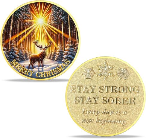 Sun Deer Challenge Coin Reindeer Merry Xmas Commemorative Coin Funny Token New Year Keepsake Stay Strong, Stay Sober Inspirational Holiday Collectible Gifts for Recovery in Kuwait