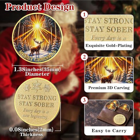 Sun Deer Challenge Coin Reindeer Merry Xmas Commemorative Coin Funny Token New Year Keepsake Stay Strong, Stay Sober Inspirational Holiday Collectible Gifts for Recovery in Kuwait