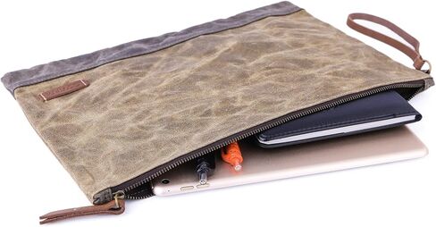 Gootium Waxed Canvas Zip Folio Pencil Pouch - Office Supply Zippered Makeup Bag Multipurpose File Folder - Size 13"x9.4", Olive Drab in Kuwait