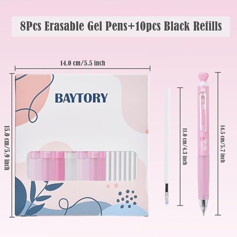 BAYTORY 18Pcs Retractable Erasable Gel Pens, 0.5 mm Fine Point, 4Pcs Blue & 4Pcs Black Ink Pens & 10Pcs Black Refills, Quick Dry Cute Eraser Pen, Smooth Writing (Multicolor) in Saudi Arabia