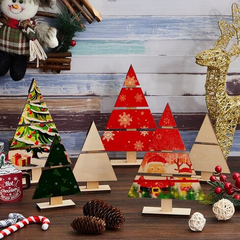 Soaoo 8 Pcs Christmas Standing Wood Pallet Christmas Tree Unfinished DIY Wooden Ornaments Kit Rustic Wooden Crafts 12 Colors Pigment Palettes and Paint Brushes(8.66 x 6 Inch, 6 x 4 Inch) in Saudi Arabia