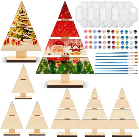 Soaoo 8 Pcs Christmas Standing Wood Pallet Christmas Tree Unfinished DIY Wooden Ornaments Kit Rustic Wooden Crafts 12 Colors Pigment Palettes and Paint Brushes(8.66 x 6 Inch, 6 x 4 Inch) in Kuwait
