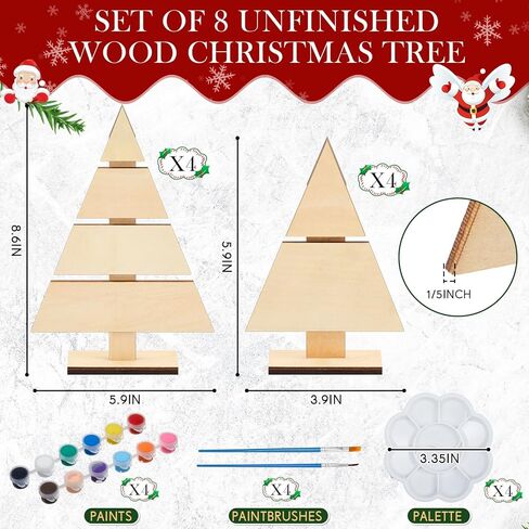 Soaoo 8 Pcs Christmas Standing Wood Pallet Christmas Tree Unfinished DIY Wooden Ornaments Kit Rustic Wooden Crafts 12 Colors Pigment Palettes and Paint Brushes(8.66 x 6 Inch, 6 x 4 Inch) in Kuwait