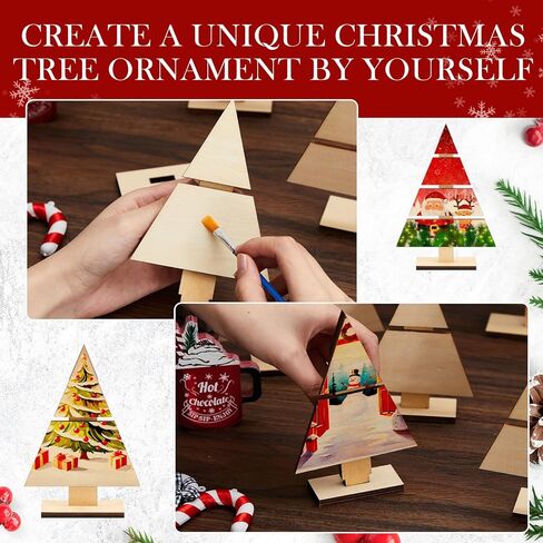 Soaoo 8 Pcs Christmas Standing Wood Pallet Christmas Tree Unfinished DIY Wooden Ornaments Kit Rustic Wooden Crafts 12 Colors Pigment Palettes and Paint Brushes(8.66 x 6 Inch, 6 x 4 Inch) in Kuwait