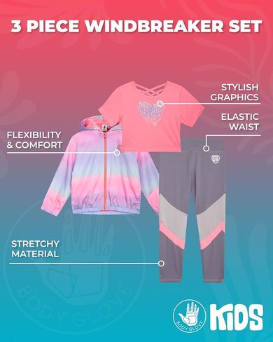 Body Glove Girls' Leggings Set - 3 Piece Windbreaker, T-Shirt, Leggings - Athleisure Outfit Set for Girls (2T-6X) in Saudi Arabia