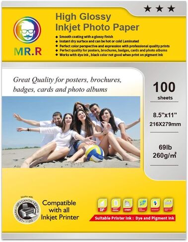 MR.R Single Side High Glossy Inkjet Photo Paper, 260gsm 69LB,8.5''x11'',100 sheets per pack in Saudi Arabia