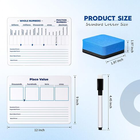 Zhanmai 12 Set Dry Erase Place Value Whiteboard 9" x 12" Double Sided Boards Whiteboard Marker Whiteboard Eraser for Kids for Teaching Place Values from Billions to Decimal Numbers Math Manipulatives in Saudi Arabia