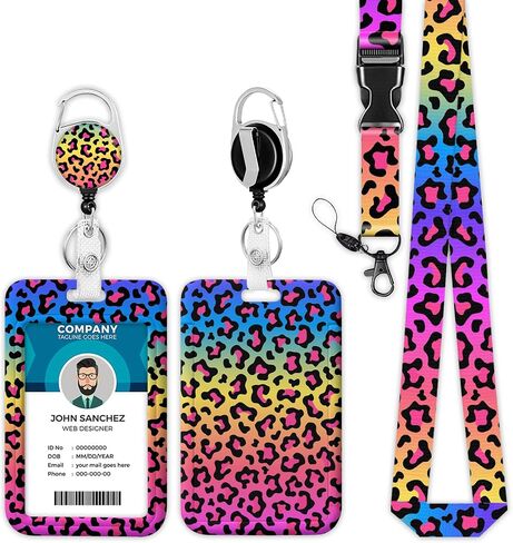 Neon Rainbow Leopard Print Lanyard with ID Holder, Colorful Leopard ID Badge Reel Retractable Badge Holder with Lanyard for Teacher, Women, Kids in Saudi Arabia