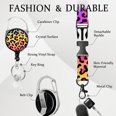 Neon Rainbow Leopard Print Lanyard with ID Holder, Colorful Leopard ID Badge Reel Retractable Badge Holder with Lanyard for Teacher, Women, Kids in Saudi Arabia
