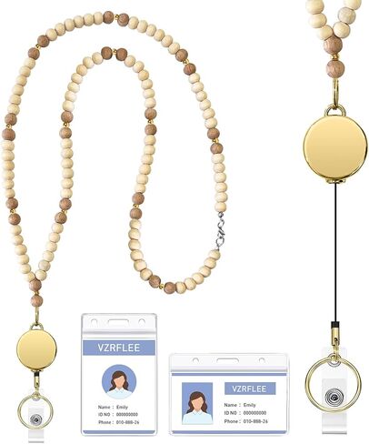 Lanyards for ID Badges, Retractable Natural Stone Beaded Teacher Lanyard with ID Holders Badge Reel Lanyard Necklace for Keys Office Cruise Nurse Women in Kuwait