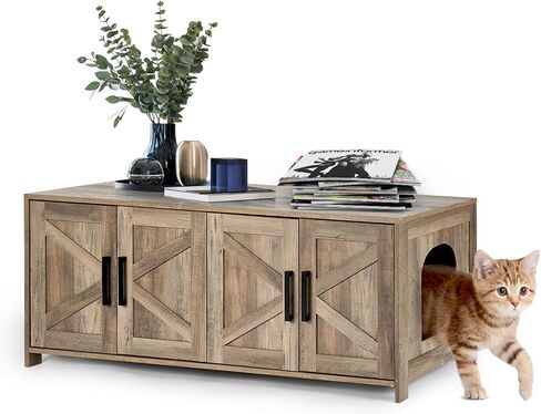 Cat Litter Box Enclosure, 32 inch Hidden Litter Box Furniture with Divider, Wooden Kitty Litter Box Cabinet End Side Table, Greige in Saudi Arabia