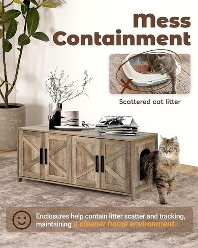 Cat Litter Box Enclosure, 32 inch Hidden Litter Box Furniture with Divider, Wooden Kitty Litter Box Cabinet End Side Table, Greige in Saudi Arabia