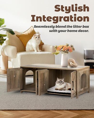Cat Litter Box Enclosure, 32 inch Hidden Litter Box Furniture with Divider, Wooden Kitty Litter Box Cabinet End Side Table, Greige in Saudi Arabia