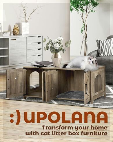 Cat Litter Box Enclosure, 32 inch Hidden Litter Box Furniture with Divider, Wooden Kitty Litter Box Cabinet End Side Table, Greige in Saudi Arabia