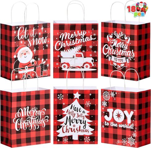 JOYIN 18 PCS Christmas White Kraft Bags with Handles, Red and Black Present Holiday Paper Gift Bags for Classroom Party Favors Wrapping Presents (10" x 8" x 4.4") in Saudi Arabia