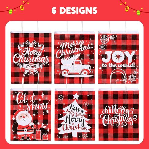 JOYIN 18 PCS Christmas White Kraft Bags with Handles, Red and Black Present Holiday Paper Gift Bags for Classroom Party Favors Wrapping Presents (10" x 8" x 4.4") in Saudi Arabia