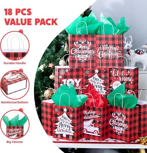 JOYIN 18 PCS Christmas White Kraft Bags with Handles, Red and Black Present Holiday Paper Gift Bags for Classroom Party Favors Wrapping Presents (10" x 8" x 4.4") in Saudi Arabia