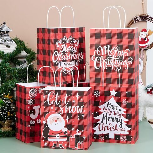 JOYIN 18 PCS Christmas White Kraft Bags with Handles, Red and Black Present Holiday Paper Gift Bags for Classroom Party Favors Wrapping Presents (10" x 8" x 4.4") in Saudi Arabia
