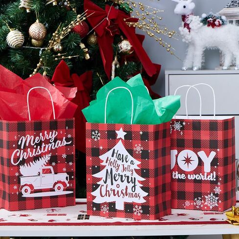 JOYIN 18 PCS Christmas White Kraft Bags with Handles, Red and Black Present Holiday Paper Gift Bags for Classroom Party Favors Wrapping Presents (10" x 8" x 4.4") in Saudi Arabia