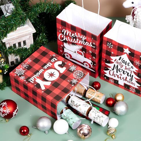JOYIN 18 PCS Christmas White Kraft Bags with Handles, Red and Black Present Holiday Paper Gift Bags for Classroom Party Favors Wrapping Presents (10" x 8" x 4.4") in Saudi Arabia