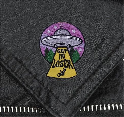 Get in Loser Cartoon Patch Spaceship Applique Embroidered UFO Patch Funny Alien in UFO Ship Sticker Colorful Iron On/Sew On Patch Badge DIY Clothes Bags Accessories Patches, Yellow, L-MF7 in Saudi Arabia