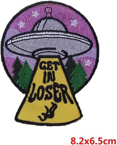 Get in Loser Cartoon Patch Spaceship Applique Embroidered UFO Patch Funny Alien in UFO Ship Sticker Colorful Iron On/Sew On Patch Badge DIY Clothes Bags Accessories Patches, Yellow, L-MF7 in Saudi Arabia