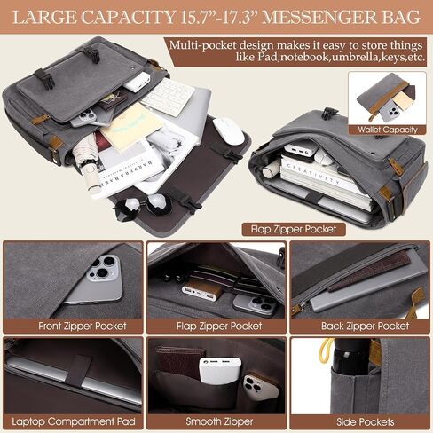 Messenger Bag for Men 15.7-17.3 Inch: 2PCS Laptop Bag Work Bag Leather Canvas Briefcase Carry On Satchel Bag in Saudi Arabia